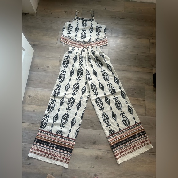 Very J Pants - Very J Black and White Geometric Jumpsuit with Red Accents